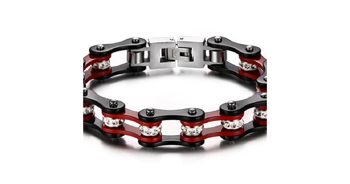 Red & Black Ladies Stainless Steel Bracelet with Cubic Zurconia Diamonds